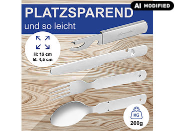 Rosenstein & Söhne Camping Geschirr Set: 4-tlg. Edelstahl-Camping-Besteck- Set: Gabel, Löffel, Messer und Öffner (Camping Messer Gabeln Löffel)