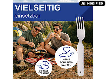 Rosenstein & Söhne Campingbesteck: 4-tlg. Edelstahl-Camping-Besteck-Set: Gabel, Löffel, Messer und Öffner (Camping Geschirr Set)