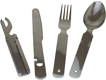 Rosenstein & Söhne Camping Geschirr Set: 4-tlg. Edelstahl-Camping-Besteck- Set: Gabel, Löffel, Messer und Öffner (Camping Messer Gabeln Löffel)