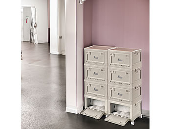 Xcase Kisten mit Deckel groß: 8er-Set Aufbewahrungsboxen mit Rollen, Deckel und MDF-Ablage, je 30 l (Boxen mit Deckel Kunststoff)