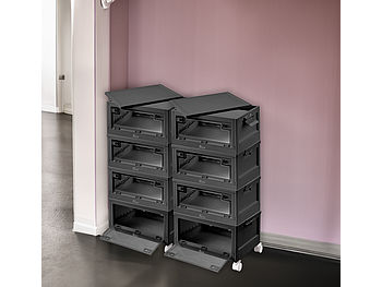 Xcase Kisten mit Deckel: 8er-Set faltbare Aufbewahrungsboxen mit Deckel, 8 Rollen, 45l, schwarz (Aufbewahrungsbox mit Sichtfenster)