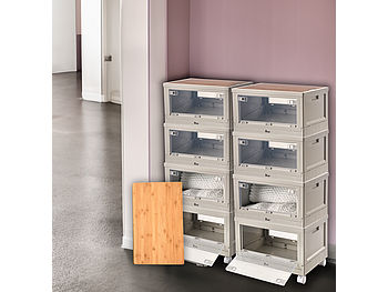 Xcase Camping Box stapelbar: 8er-Set Camping-Boxen mit Bambus-Schneidebrett und Rollen, je 55 l (Camping Transportbox)