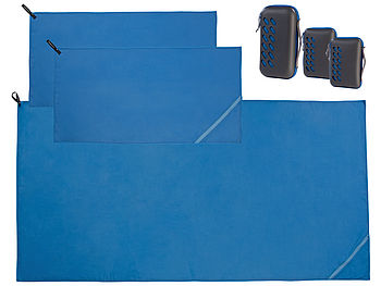 PEARL Microfaser Tücher: 3er-Set Mikrofaser-Handtücher mit Tasche, 100x50 cm & 200x100 cm, blau (Fitness Tücher)