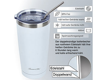 Rosenstein & Söhne Trinkbecher: Doppelwandiger Isolierbecher, weiß, für bis zu 600ml, Edelstahl (Isolierbecher Thermobecher)
