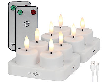 Lunartec Teelicht-Kerze: 8er-Set LED-Akku-Teelichter mit USB-Ladestation, Fernbedienung, Timer (wiederaufladbare Teelichter)