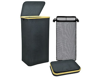 infactory Aufbewahrungsbox Bambus: Wäschekorb mit Deckel, Bambus-Henkel, Netztasche, 100 Liter (Aufbewahrung Korb mit Deckel)