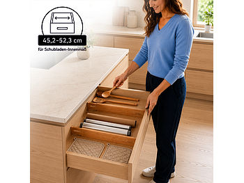Carlo Milano Schubladenorganizer: 4er-Set verstellbare Schubladentrenner aus Bambus, 45,2 bis 52,3cm (Schubladentrenner Badezimmer)