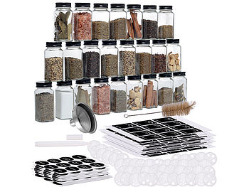 Rosenstein & Söhne leer-Gläser für Gewürze: 48er-Set Gewürzgläser mit Streueinsätzen, je 120 ml, 480 Etiketten (Gewürzbehälter-Set)
