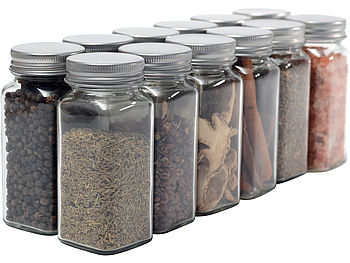 Rosenstein & Söhne Gewürzdose: 12er-Set Gewürzgläser, eckig, Streueinsätze, je 120ml, 30 Etiketten (Gewürzgläser für Gewürzmischungen)