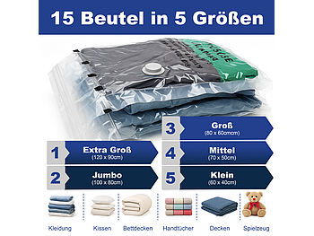 PEARL Vakuumbeutel Klamotten: 60er-Set Vakuumbeutel für Kleidung, wiederverw. 60 Beutel, 5 Größen (Vakuumbeutel für Textilien)