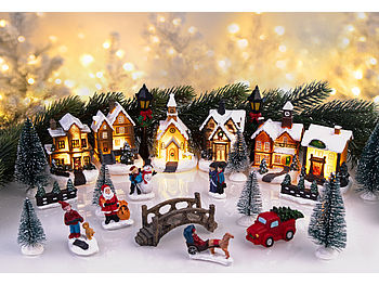 infactory Weihnachtsdeko: 25-teiliges Deko-Weihnachtsdorf mit 6 LEDs, Batteriebetrieb (komplettes Weihnachtsdorf)