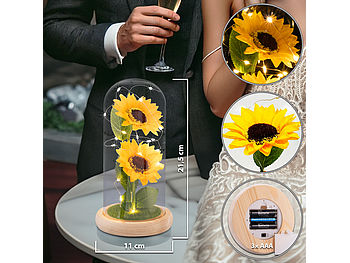 Lunartec Blume: Künstliche Sonnenblumen unter Glas, LED-Licht, 21,5 cm, Geschenktasche (Blumendekoration LED)