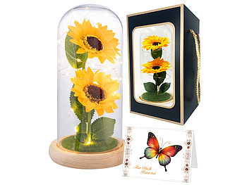 Lunartec Blume: Künstliche Sonnenblumen unter Glas, LED-Licht, 21,5 cm, Geschenktasche (Blumendekoration LED)
