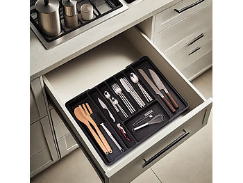 Rosenstein & Söhne Besteckeinsatz: Besteckkasten für Schubladen, ausziehbar: 34,5 auf 59 x 42 x 5,5 cm (Schubladen Organizer Küche)