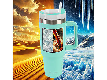 Rosenstein & Söhne Thermobecher für Autos: 4er-Set doppelwandige Vakuum- Thermobecher, 1.200 ml, Trinkhalm, mint (Edelstahl Tasse mit Deckel)