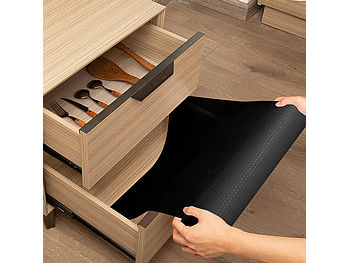 Rosenstein & Söhne Kühlschrank-Pad: Schubladen-Antirutschmatte, lebensmittelecht, 30 x 150 cm, schwarz (Schubladeneinlage für Kühlschrank)