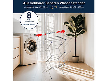 PEARL Wäscheständer Camping: Ausziehbarer Teleskop-Scheren-Wäscheständer, klappbar, 6 Ebenen, 8 m (Wäscheständer Camping klappbar)