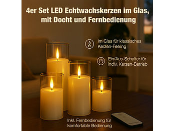 Lunartec Dekokerzen: 4er-Set LED-Echtwachskerzen im Glas, mit Docht und Fernbedienung, weiß (Windlicht-Kerzen)