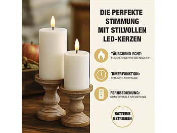 Lunartec wiederaufladbare Kerzen: 12 Akku-LED-Stumpenkerzen mit Dochten, Flammen-Effekt und Timer (Kerzensets)