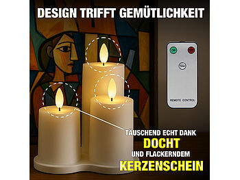 Lunartec wiederaufladbare Kerzen: 12 Akku-LED-Stumpenkerzen mit Dochten, Flammen-Effekt und Timer (Kerzensets)