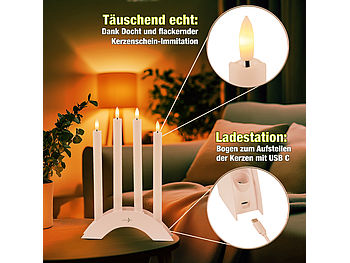 Lunartec Kerzenbögen: 16 Akku-LED-Stabkerzen mit Dochten, Bogen-Ladestation, Timer, w (LED Kerze mit Kerzenhalter)