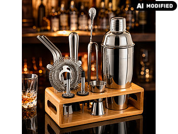 Rosenstein & Söhne Cocktailshaker: 13-teiliges Cocktail-Shaker-Set mit Ständer und Rezepten (Cocktail Messbecher)