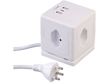 revolt Tisch Steckdose: CH: 4er-Set 4-fach-Steckdosen-Würfel mit USB-C PD 20 W & 2x USB-A, QC (Steckdosenleiste mit Halterung)