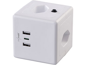 revolt Steckdosenwürfel: CH: 4-fach-Steckdosen-Würfel mit USB-C, A PD 20W & 2x, QC, Halterung (USB C Netzteil)