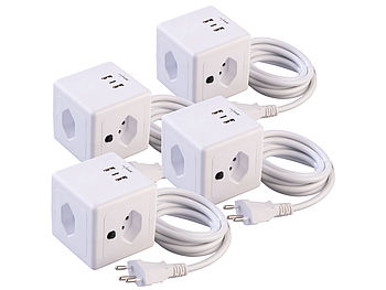 revolt Tisch Steckdose: CH: 4er-Set 4-fach-Steckdosen-Würfel mit USB-C PD 20 W & 2x USB-A, QC (Steckdosenleiste mit Halterung)