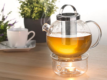 Cucina di Modena Teekanne mit Stövchen: Tee-Set aus Glaskanne (1,5 l) mit Edelstahl-Sieb und Stövchen (Teekanne mit Teelicht)