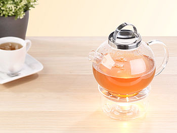 Cucina di Modena Teekanne mit Stövchen: Tee-Set aus Glaskanne (1,5 l) mit Edelstahl-Sieb und Stövchen (Teekanne mit Teelicht)
