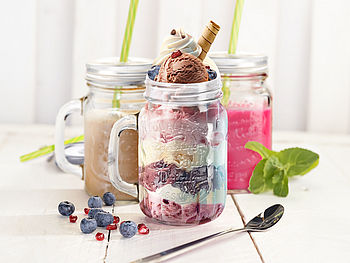 PEARL Smoothie Gläser: Retro-Trinkglas mit Henkel, Deckel und Trinkhalm, 6er-Set (Smoothie Gläser mit Deckel)