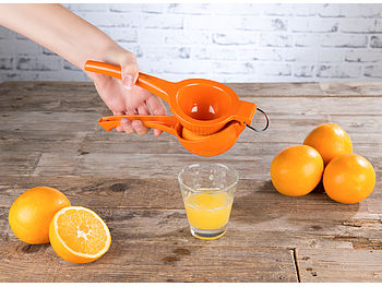Rosenstein & Söhne Orangenpresse manuell: Manuelle Zitrus- & Saftpresse aus Metall für Orangen, Ø 8,5 cm, orange (Orangenpresse Hand)