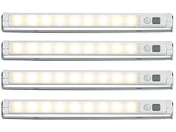 Lunartec LED Lichtleiste Batterie: 4er-Set Schwenkbare Lichtleisten, PIR-Sensor, 9 SMD-LEDs, warmweiß (LED Lichtleiste batteriebetrieben)