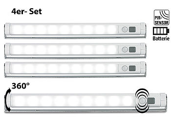Lunartec LED Streifen ohne Strom: 4er-Set Schwenkbare Lichtleisten, PIR, 9 SMD-LEDs, tageslichtweiß (Licht ohne Strom Innenbeleuchtung)