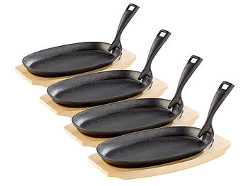 TS Guss Servierpfanne: 4 Profi-Servierpfannen, Gusseisen, mit Untersetzer, 28x18x2 cm, 1,5 kg (Tisch-Gusspfanne für Induktion)