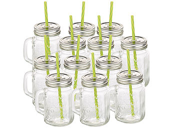 PEARL Gläser: Retro-Trinkglas mit Henkel, Deckel und Trinkhalm, 12er-Set (Retrotrinkgläser)