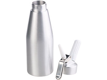 Rosenstein & Söhne Sahnezubereiter: Sahnespender für Schlagsahne, Cremes und Soßen, 1 Liter, 3 Aufsätze (Sahneboy)
