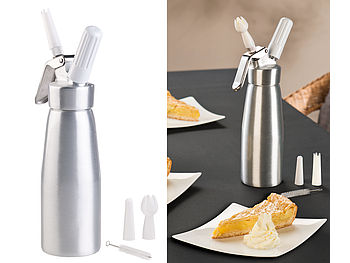 Rosenstein & Söhne Sahnesyphon: Sahnespender für Schlagsahne, Cremes und Soßen, 500 ml, 3 Aufsätze (Sahnesprüher)