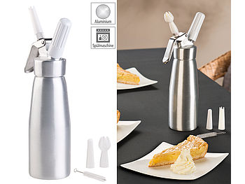 Rosenstein & Söhne Sahnesyphon: Sahnespender für Schlagsahne, Cremes und Soßen, 500 ml, 3 Aufsätze (Sahnesprüher)