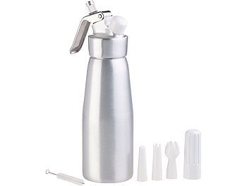 Rosenstein & Söhne Sahnesyphon: Sahnespender für Schlagsahne, Cremes und Soßen, 500 ml, 3 Aufsätze (Sahnesprüher)