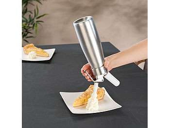 Rosenstein & Söhne Sahnesyphon: Sahnespender für Schlagsahne, Cremes und Soßen, 500 ml, 3 Aufsätze (Sahnesprüher)