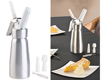 Rosenstein & Söhne Sahne Siphon: Sahnespender für Schlagsahne, Cremes und Soßen, 250 ml, 3 Aufsätze (Sahnebereiter)