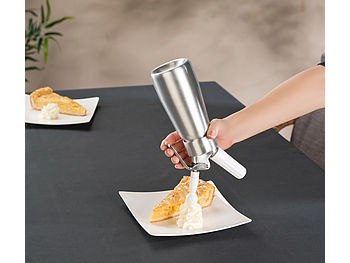 Rosenstein & Söhne Sahne Siphon: Sahnespender für Schlagsahne, Cremes und Soßen, 250 ml, 3 Aufsätze (Sahnebereiter)