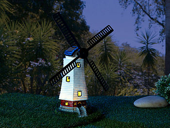 Lunartec Windmühle Garten: Solar-Deko-Windmühle mit drehendem Windrad & LED-Licht, 8-Stunden-Akku (Windmühle für Garten mit Solar)