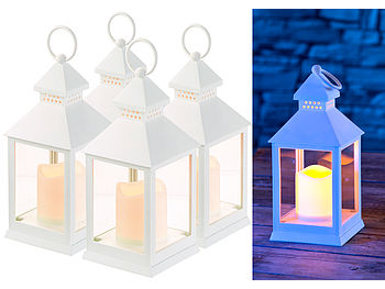 Lunartec Lampen: 4er Pack Laterne mit flackernder LED-Kerze und Timer, Batteriebetrieb (LED-Laterne mit Timerfunktion)