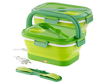 Rosenstein & Söhne Faltbare Schüssel: 2er-Set Thermo-Lunchbox, faltbar, elektrisch, mit Besteck, 0,8 l (Proviant-Dose)