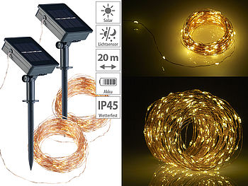 Lunartec Kupfer Lichterkette: 2er-Set Solar-Lichterkette aus Kupferdraht, 200 warmweiße LEDs, 8 Modi (Solardraht)