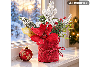 infactory Dekoblumen: Weihnachts-Gesteck mit Blumen, Zweigen, Beeren und Kunst-Schnee, 27 cm (Wintergesteck)