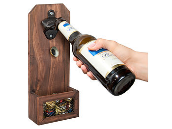 Cucina di Modena Bierflaschenöffner: Flaschenöffner mit Kronkorken-Auffangbehälter, Holz, zur Wandmontage (Vintage Flaschenöffner)